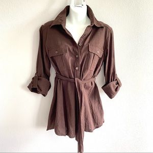 Vintage Boyfriend Linen/ Rayon Blend 3/4 & Long Sleeves Waist Belt Brown Shirt